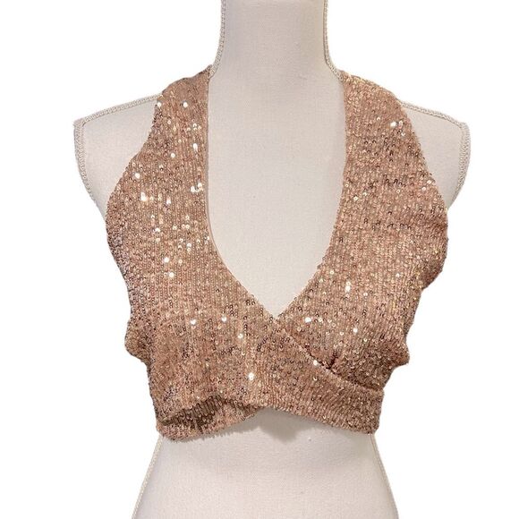 ASOS Sequin Halter Crop Top Sz 10 Wrap Neck Rose Gold Sequin Coachella Y2K Glam - Picture 1 of 11